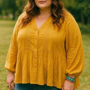 Lane Bryant Boho Blouse Women’s 24 Yellow Mustard V-Neck Button Up Lace Shirt